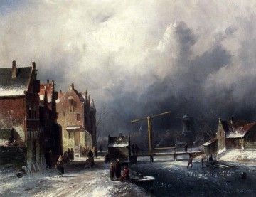  Figures Painting - Figures In A Dutch Town By A Frozen Canal landscape Charles Leickert